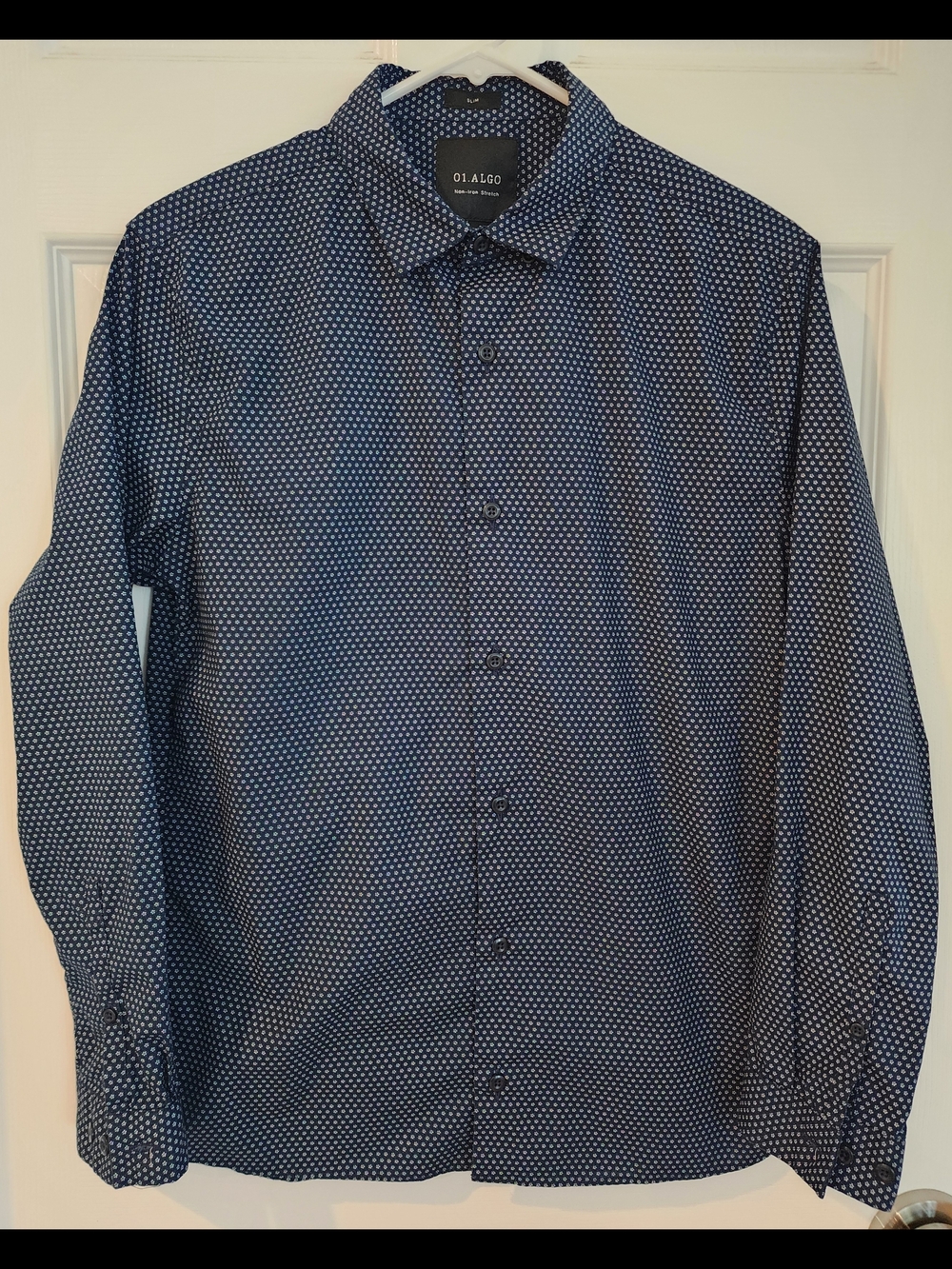 01.ALGO Non-Iron Blue Button Slim Long Sleeve Shirt Stretch Men's Small Short